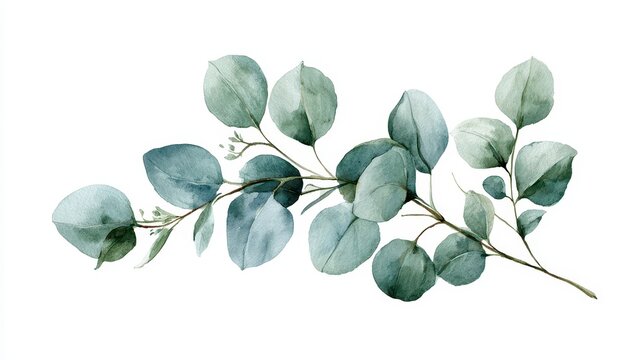 Watercolor eucalyptus branch with round leaves isolated on white background