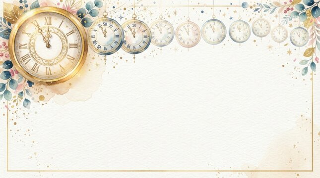 New year background with hanging vintage clocks and watercolor floral elements, festive golden frame and confetti, elegant holiday invitation template with copy space