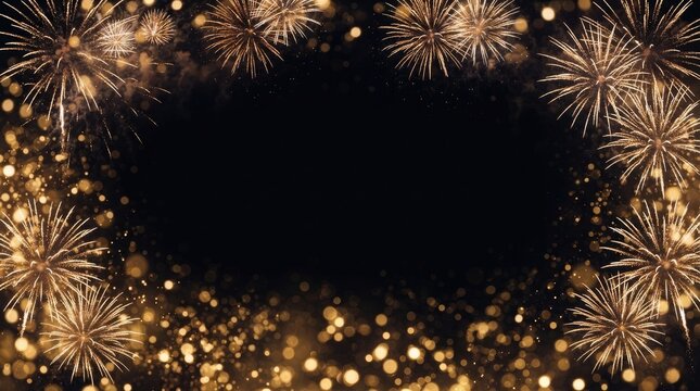 Festive golden fireworks background with bokeh lights and copy space for celebration, new year, or holiday greeting cards