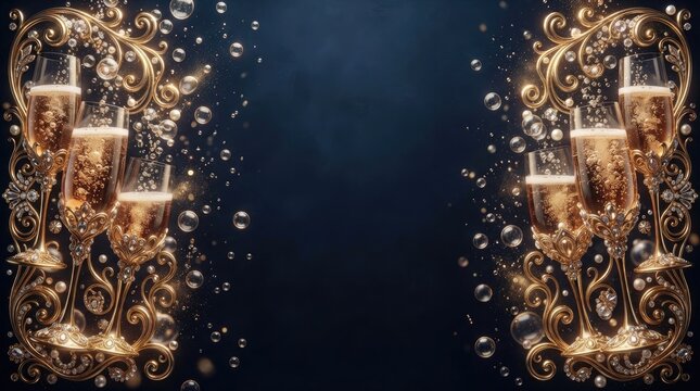 Elegant champagne glasses with golden ornate filigree and sparkling bubbles on a dark blue background
