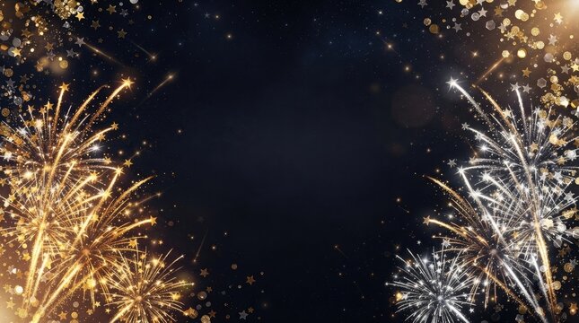Festive background with golden and silver fireworks and sparkling stars on a dark night sky, perfect for new years eve, celebrations, and holiday greeting cards with copy space in the center