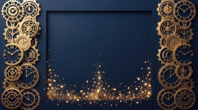 Elegant dark blue background with gold clock gears and festive sparkling confetti, luxury frame design for new year celebration or timethemed events with copy space