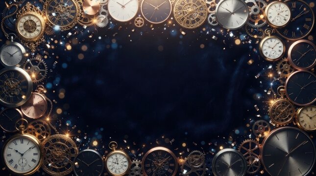 Frame of vintage clocks and mechanical watch gears on a dark blue background with golden bokeh lights
