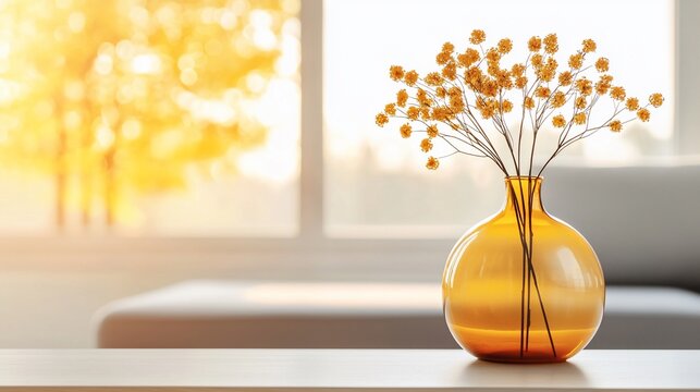 Dried flowers in amber glass vase on table.