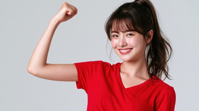 Young asian woman in a red tshirt flexing her arm to show strength and confidence, isolated on white background