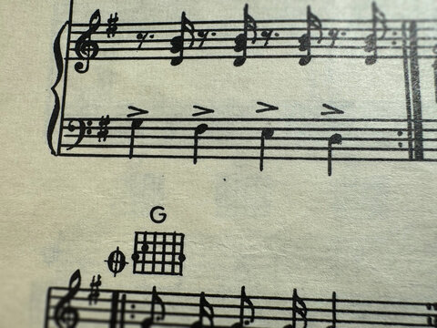 Close up of sheet music notes and textured paper. Musical notes on sheet music with clear details. Image of a sheet of music with notes. For scrapbooking collage, journal design, and craft projects.