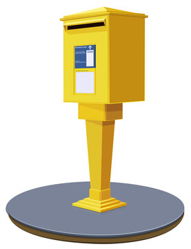 Classic yellow postal mailbox on pedestal and pavement representing mail delivery, public communication, logistics, and written correspondence services (cut out)