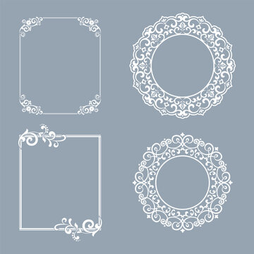 Set of decorative frames Elegant vector element for design in Eastern style, place for text. Floral gray and white frames. Lace illustration for invitations and greeting cards