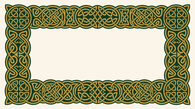 Decorative rectangular frame with intricate green and gold Celtic knotwork patterns.
