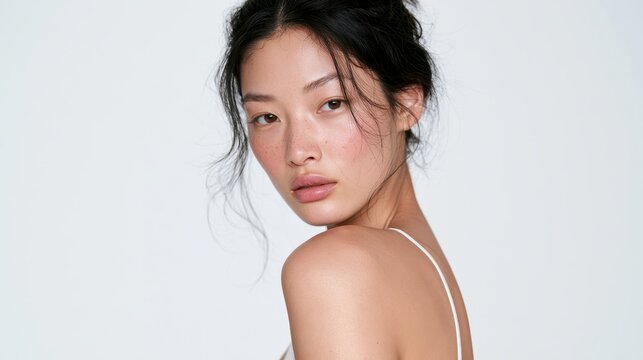 Portrait of a beautiful young asian woman with natural makeup and freckles looking at the camera, isolated on white background