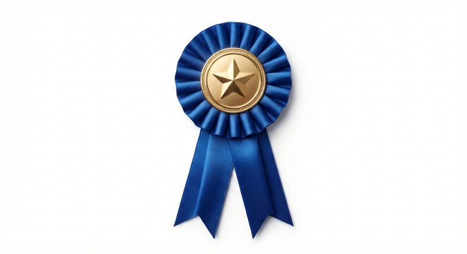 Blue fabric rosette award ribbon with gold star emblem isolated on transparent background for contest winners excellence recognition and competition achievement prize
