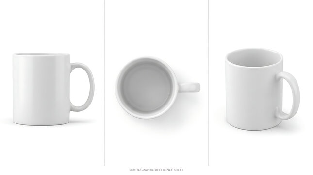 Ceramic coffee mug multiple angle view isolated on white background, product reference sheet