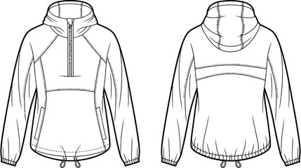 Women hooded half zip jacket flat sketch vector template, front back view windbreaker illustration, technical fashion CAD drawing, sportswear design © Ahsan