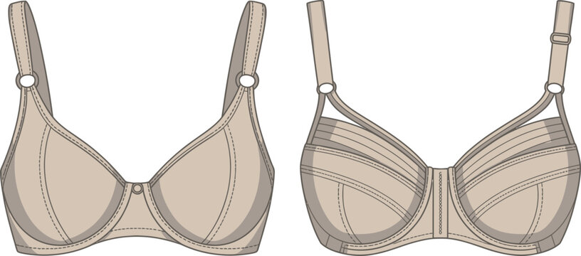 Women beige underwear bra flat sketch vector template, front view nude brassiere illustration, adjustable strap lingerie technical fashion CAD drawing, modern lingerie design