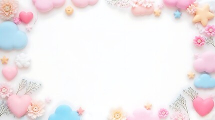 Fototapeta premium Pastel pink blue heart cloud border frame background.