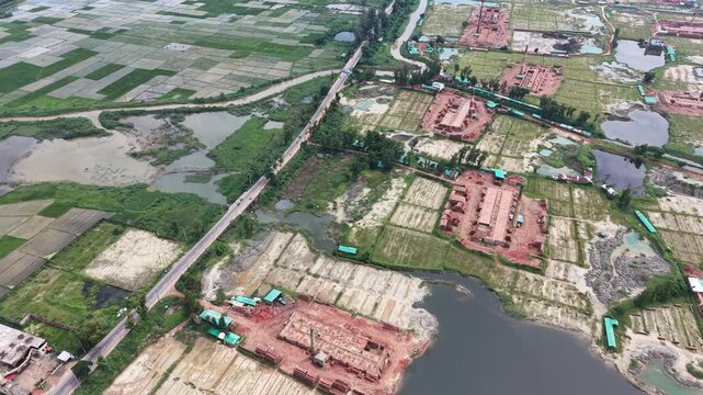 Aerial view of Farmland along the Chattogram-Cox's Bazar highway in Satkania is increasingly being converted into brick kilns, raising environmental and agricultural concerns among local residents
