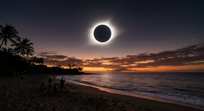 Eclipse solar total visto desde una playa al atardecer