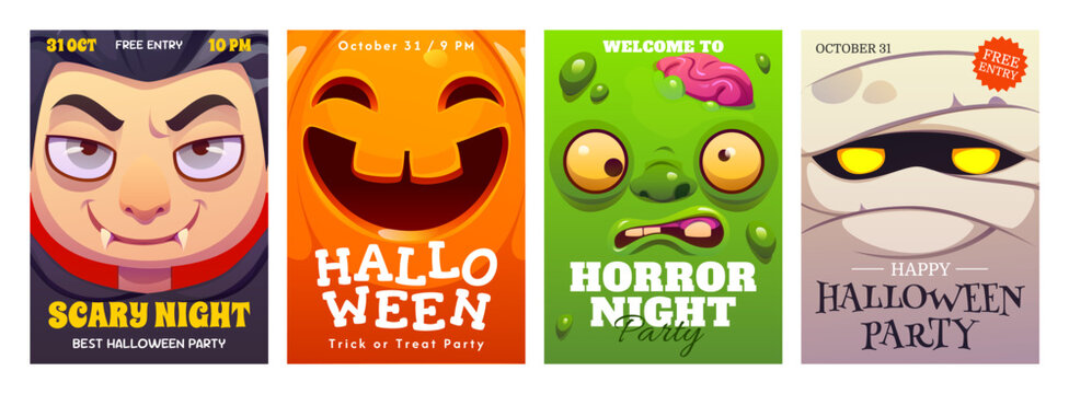 Halloween cartoon funny and scary monster faces posters. Happy Halloween pumpkin, Dracula vampire, silly zombie and angry mummy monster characters with cute faces, horror night party posters set