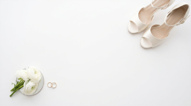 Wedding accessories including white bridal shoes, wedding rings, and a bouquet of ranunculus flowers isolated on white background