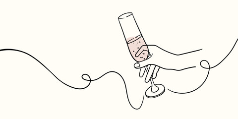 Obraz premium Continuous line champagne cheers one line art, continuous drawing contour. Cheers toast festive decoration for holidays on beige background. Vector illustration
