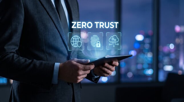 Business professional engaged with advanced zero trust security concepts for protecting sensitive data and ensuring enterprise cyber resilience