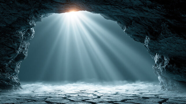 Light rays shining through a dark cavern entrance onto a dry cracked rocky cave floor