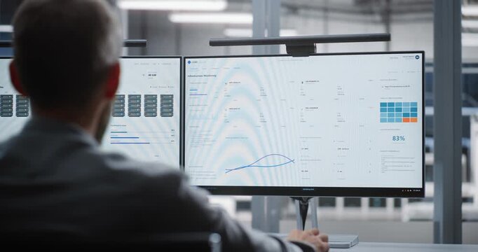Operator Seen from Behind Responds to Cyber Attack While Monitoring Extensive Server Infrastructure, Demonstrating Threat Containment, Security Management, System Protection, Operational Continuity.