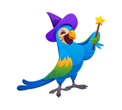 Cartoon Halloween blue parrot animal bird character dressed as a wizard, wearing purple magical hat and holding a sparkling star wand. Adorable personage with vibrant feathers casting magic spell