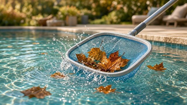 Maintenance of Outdoor Residential Swimming Pool Cleaning Autumn Leaves with Skimmer Net Tool