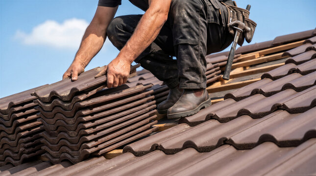 Professional roofer installing brown clay roof tiles on a residential house construction site