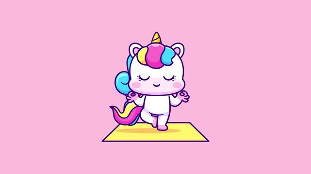Cute Unicorn One Legged Yoga Pose On Mat Cartoon Video Animation Loop. Fantasy Animal Character Concept Motion Graphic Stock Video