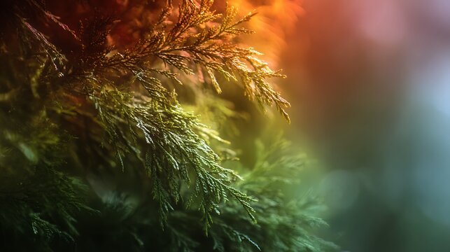 Evergreen cedar branches in golden sunlight, lush conifer foliage, warm autumn background