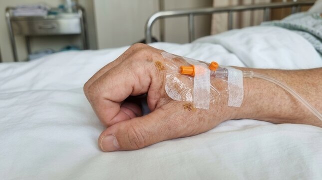 Close Up Of Elderly Hand With IV Drip Attached In Hospital Bed