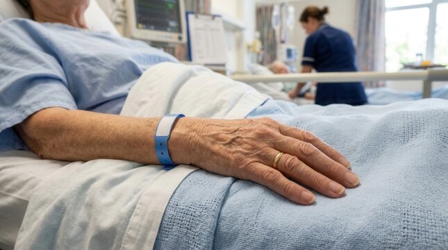 Close Up Of Elderly Patient's Hand With Hospital Band Lying In Bed