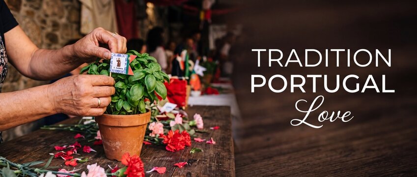 Portuguese basil plant manjerico pot decorated with Saint Anthony paper flag for popular saints festival in Portugal featuring carnations on rustic wooden table for traditional June celebration concep