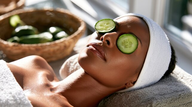 Young woman relaxing with cucumber slices on eyes and white spa headband lying on towel during facial treatment