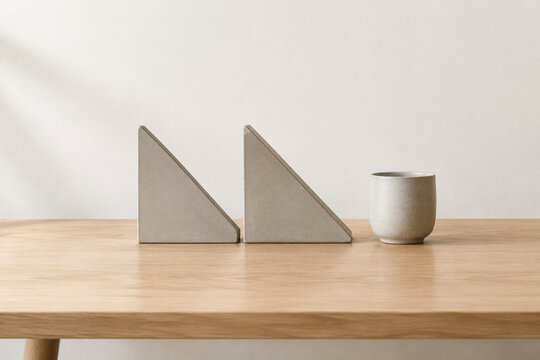 Two identical triangular bookends in row on oak desk with ceramic cup, minimalist desk organization concept