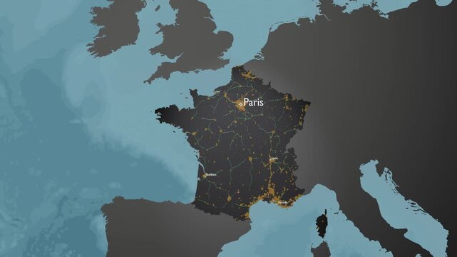 France 3D Tech Map Zoom with Paris Capital Highlight and Highway Infrastructure