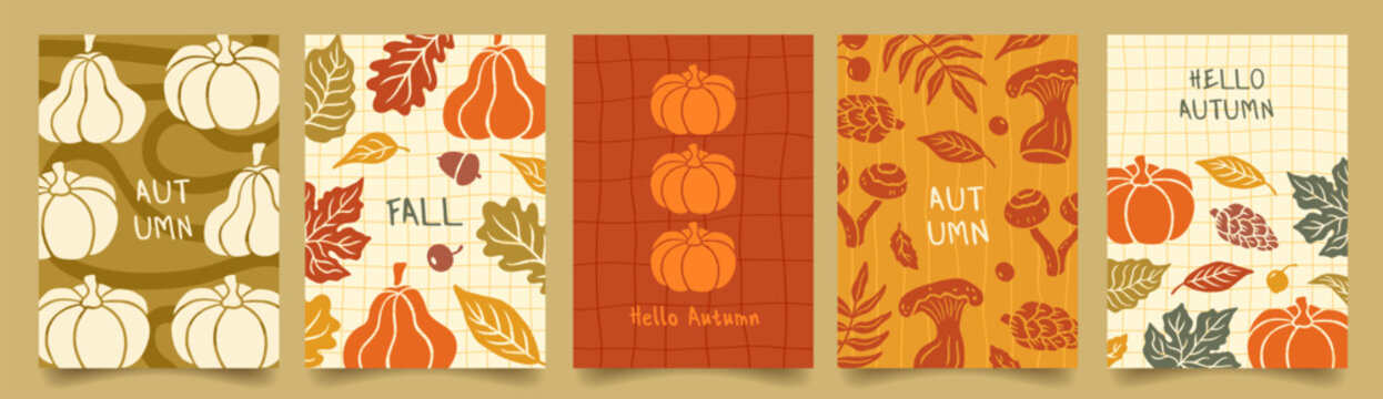 Set of trendy autumn posters with colorful silhouette fall leaves and bright pumpkin. Thanksgiving day. Modern fall background, cover, flyer holiday design. Vector template for ads, web, social media.