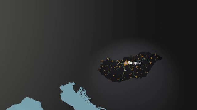Hungary Modern Dark 3D Map Animation Highlighting Budapest and Major Roads