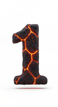 Number one made of volcanic lava rock with glowing orange magma cracks on a white background