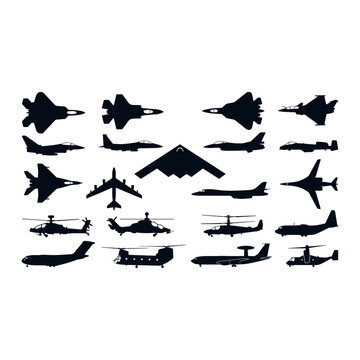 Military Aircraft and Helicopter Silhouette Collection Isolated on White