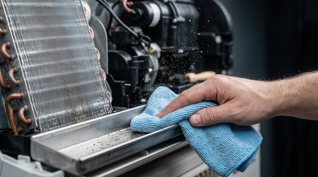 A technician's hand using a cloth to wipe a narrow drain pan under a mini split coil during HVAC maintenance.