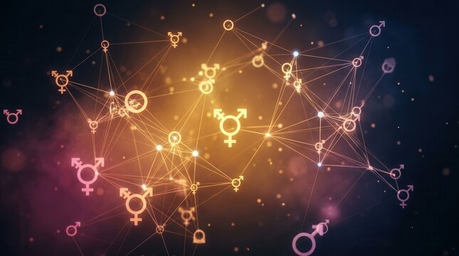 Abstract background of gender symbols forming a connected network of lines and dots.