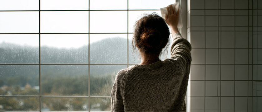 Woman cleaning glass window with cloth at home overlooking scenic mountain landscape in back view shot