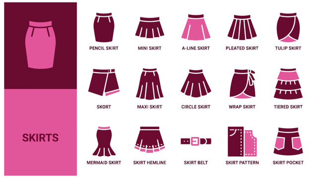 Collection of Various Women Skirt Styles Infographic Icon Set with Labels on White Background