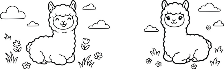 Cute alpaca coloring page for kids, cartoon llama line art set, black and white animal illustrations in nature, 2 vector EPS assets © Mrs