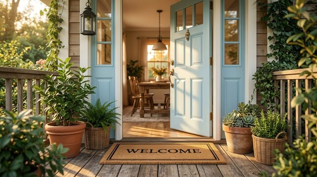 An inviting front porch featuring a light blue door slightly ajar and a classic welcome mat.