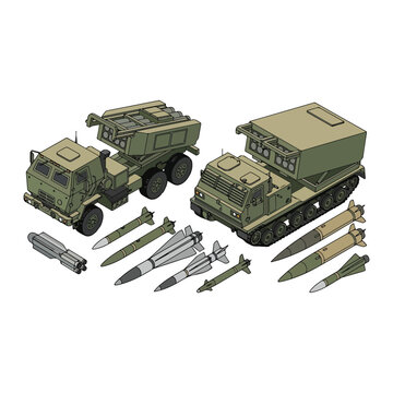 Isometric illustration of military tactical rocket systems featuring a wheeled mobile launcher and tracked missile vehicle with various projectiles isolated on white background
