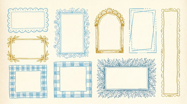 Set of handdrawn decorative frames and borders in blue and gold colors on a light background